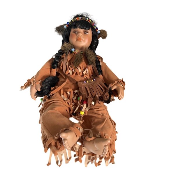 Native American Inspired Collectible Porcelain Doll With Intricate Beadwork & Su - Picture 4 of 12